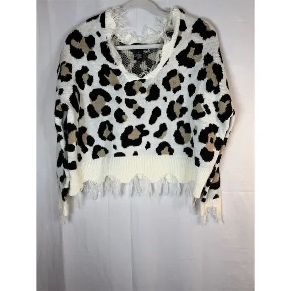 Just Polly Sweater Womens Small Ivory Leopard Print Distressed - Picture 3 of 11